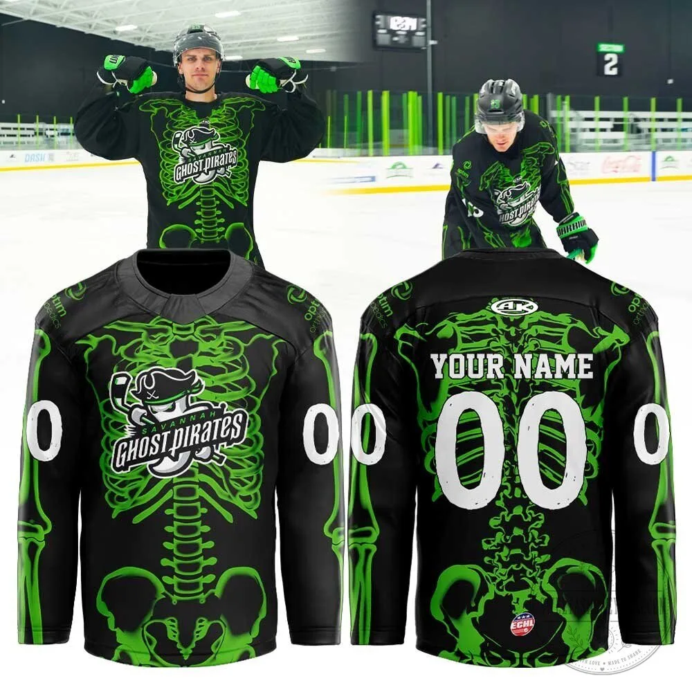 Savannah Ghost Pirates Halloween Skeleton Bones Personalized Ice Hockey Jersey 1 Savannah Ghost Pirates Halloween Skeleton Bones Personalized Ice Hockey Jersey