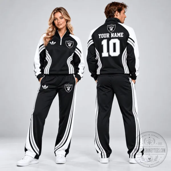 Las Vegas Raiders Custom Name and Number Black and White Tracksuit Hoodie