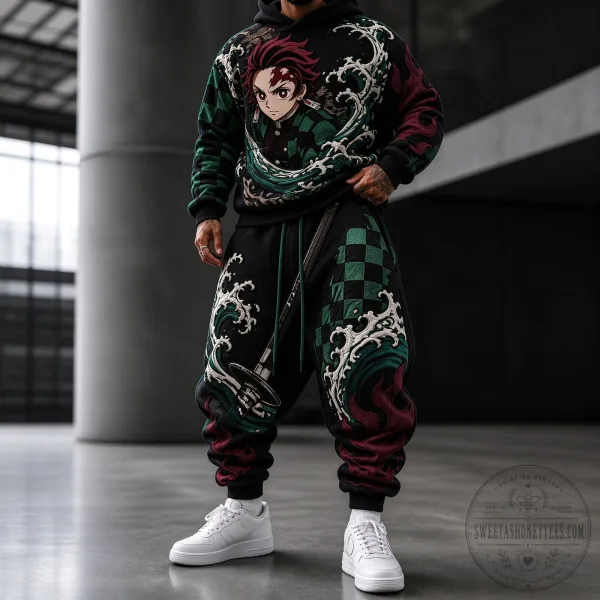 Demon Slayer Tanjiro Kamado Anime Print Oversized Hoodie and Joggers Set