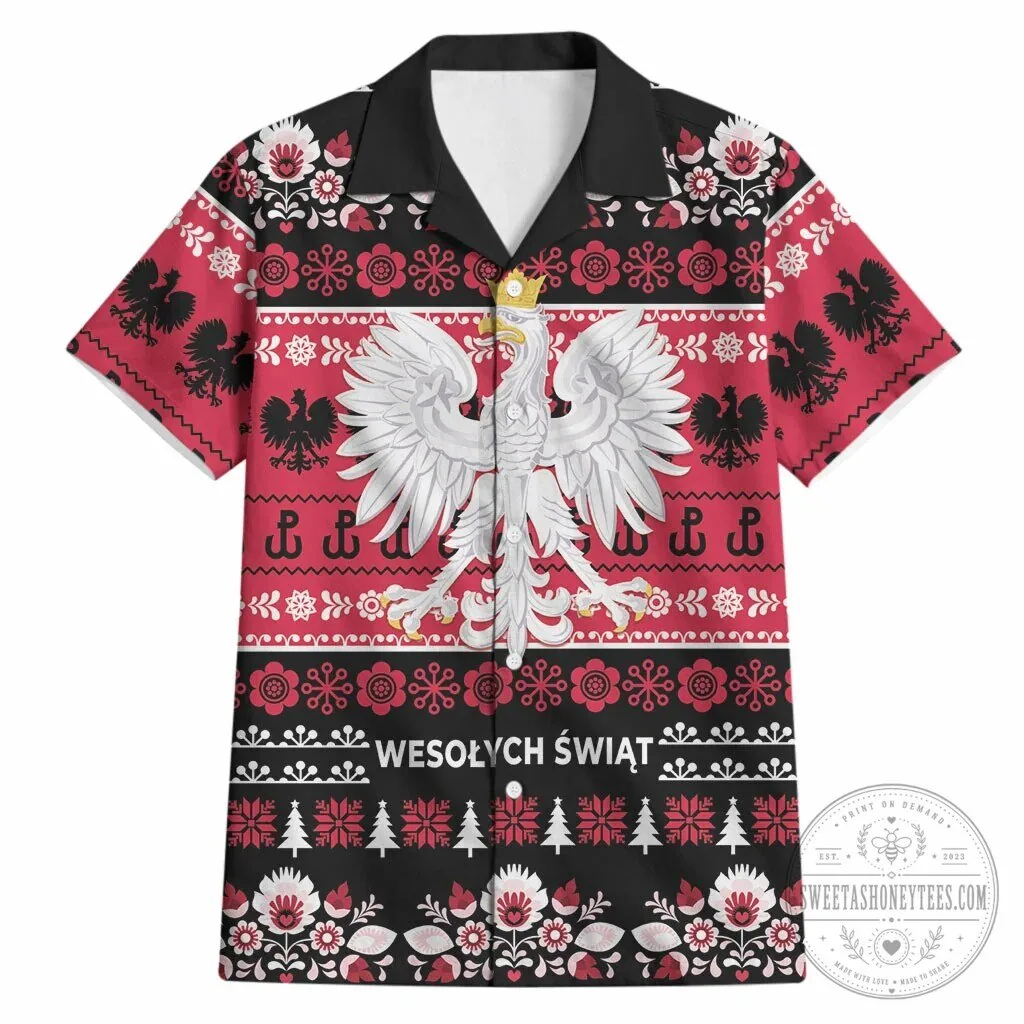 Polish Wesolych Swiat Christmas Folk Art Pattern Black Hawaiian Shirt 6 Polish Wesolych Swiat Christmas Folk Art Pattern Black Hawaiian Shirt