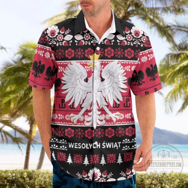 Polish Wesolych Swiat Christmas Folk Art Pattern Black Hawaiian Shirt 2 Polish Wesolych Swiat Christmas Folk Art Pattern Black Hawaiian Shirt