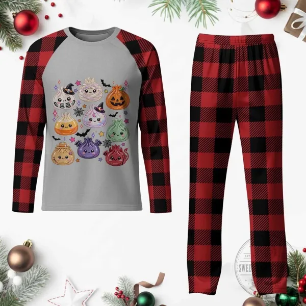 Kawaii Halloween Dumpling Plaid Pajama Set for Women and Men
