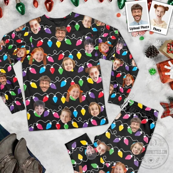 Custom Photo Christmas String Lights Holiday Pajamas Set