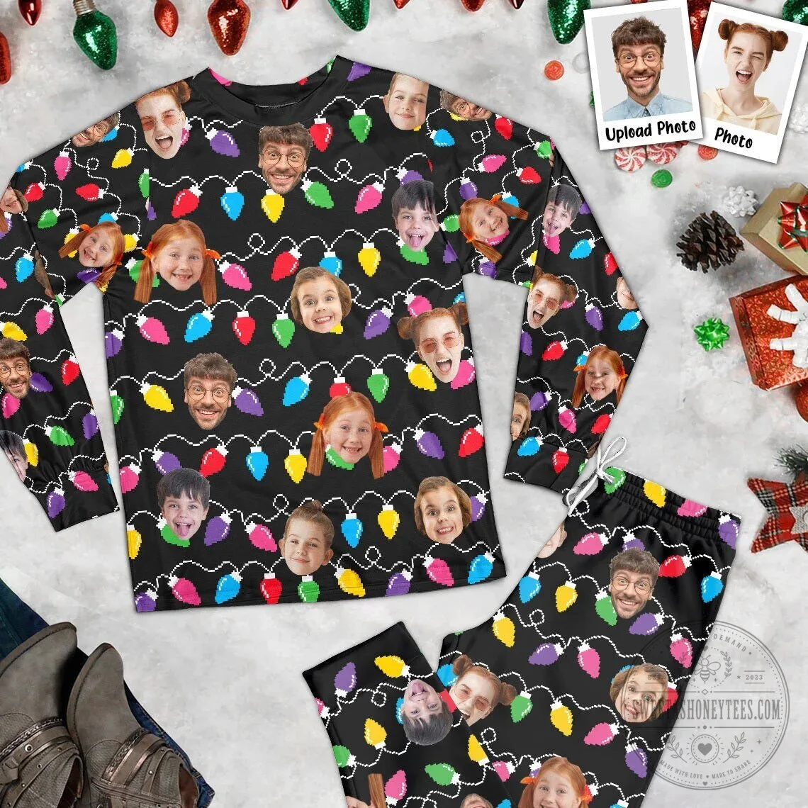 Custom Photo Christmas String Lights Holiday Pajamas Set 1 Custom Photo Christmas String Lights Holiday Pajamas Set