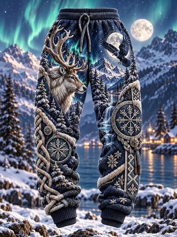 Winter Nordic Deer and Raven Northern Lights Snow Mountain Print Sweatpants