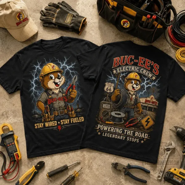 Buc-ee's Electric Crew Stay Wired Stay Fueled Powering The Road T-Shirt