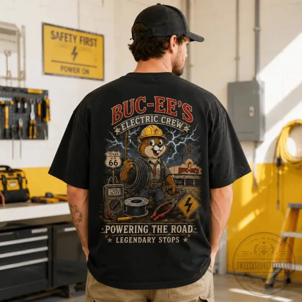 Buc-ee's Electric Crew Stay Wired Stay Fueled Powering The Road T-Shirt