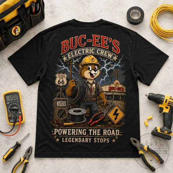 Buc-ee's Electric Crew Stay Wired Stay Fueled Powering The Road T-Shirt