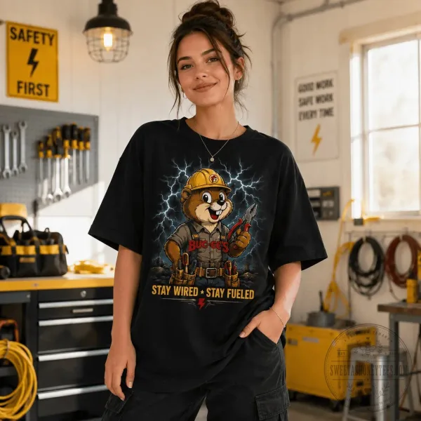 Buc-ee's Electric Crew Stay Wired Stay Fueled Powering The Road T-Shirt