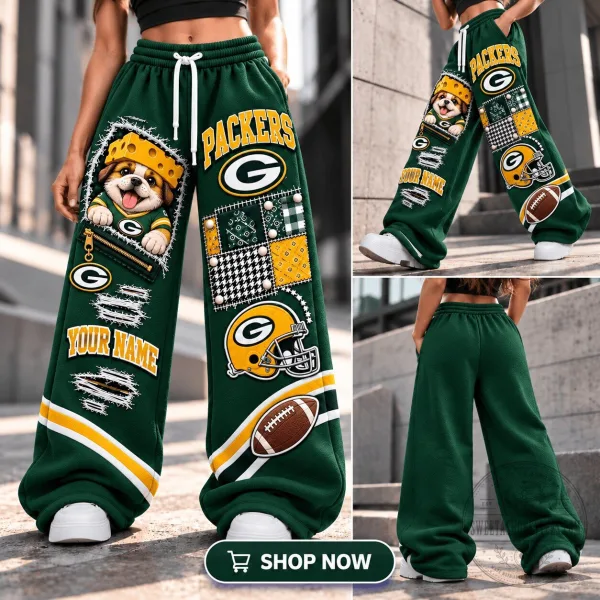 Green Bay Packers Personalized Custom Name Wide Leg Sweatpants for Women