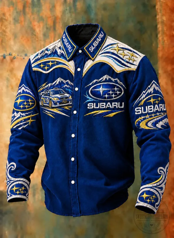 Subaru Rally Car Mountain Landscape Blue Western Long-Sleeve Shirt for Men