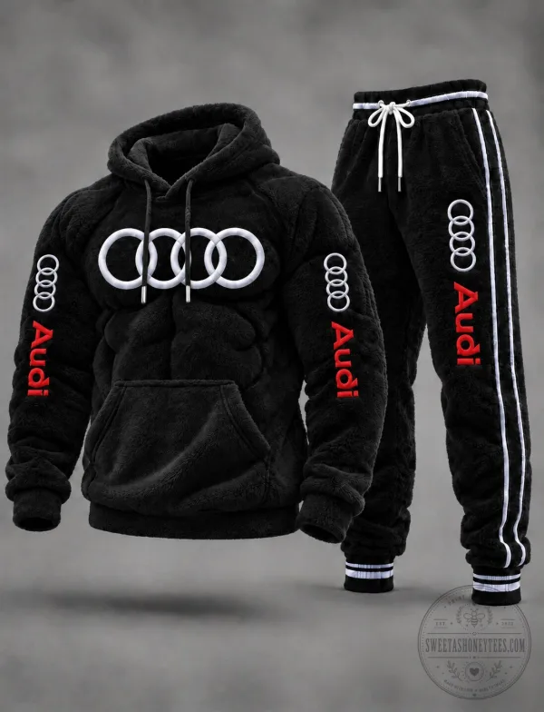 Audi Black Plush Fleece Hoodie and Sweatpants Set for Men