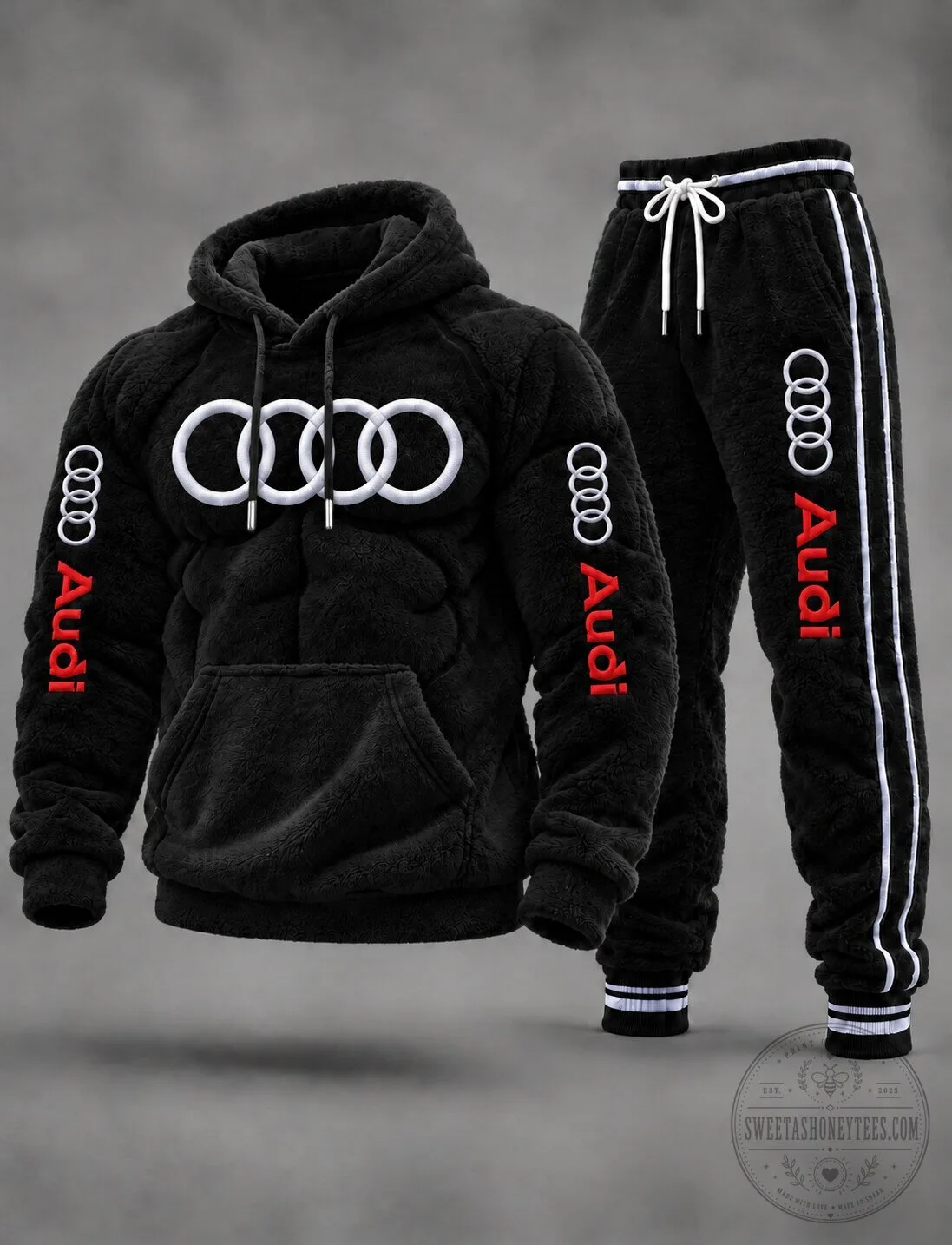 Audi Black Plush Fleece Hoodie and Sweatpants Set for Men 1 Audi Black Plush Fleece Hoodie and Sweatpants Set for Men