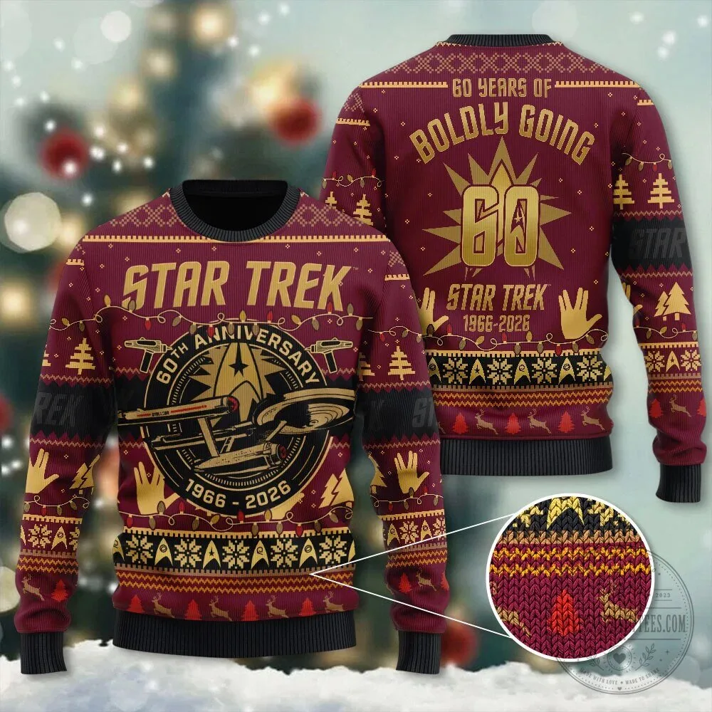 Star Trek 60th Anniversary Boldly Going Ugly Christmas Sweater 1 Star Trek 60th Anniversary Boldly Going Ugly Christmas Sweater