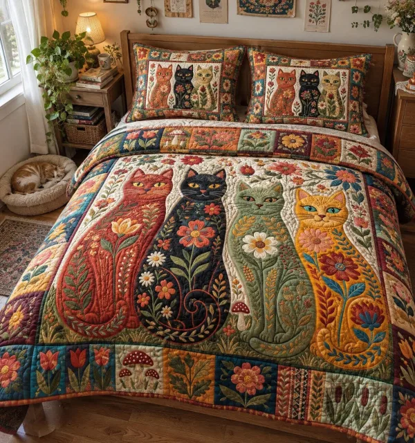 Folk Art Floral Cats Quilted Bedding Set with Pillow Shams