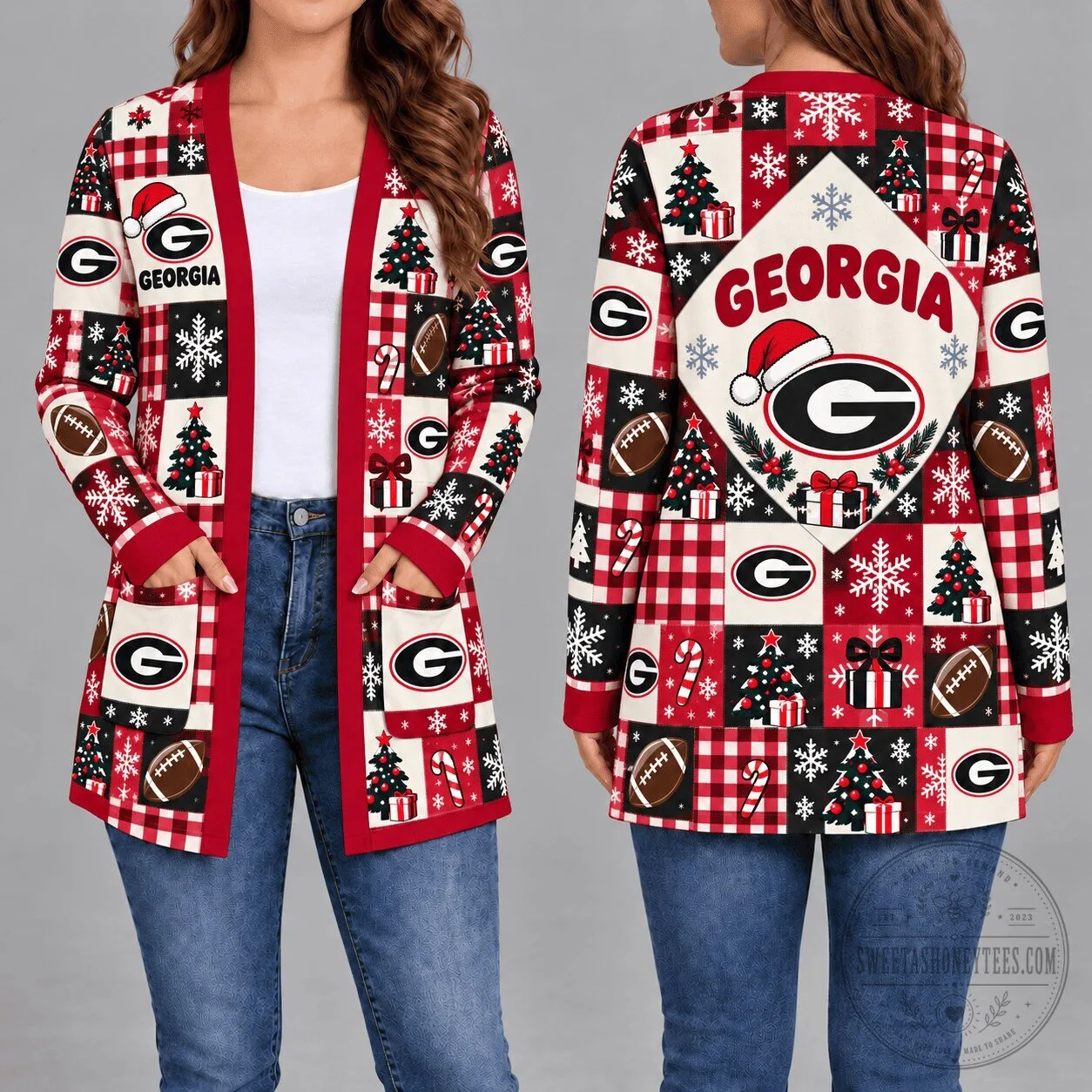 Georgia Bulldogs Christmas Plaid Pattern Women's Long-Sleeve Cardigan 1 Georgia Bulldogs Christmas Plaid Pattern Women