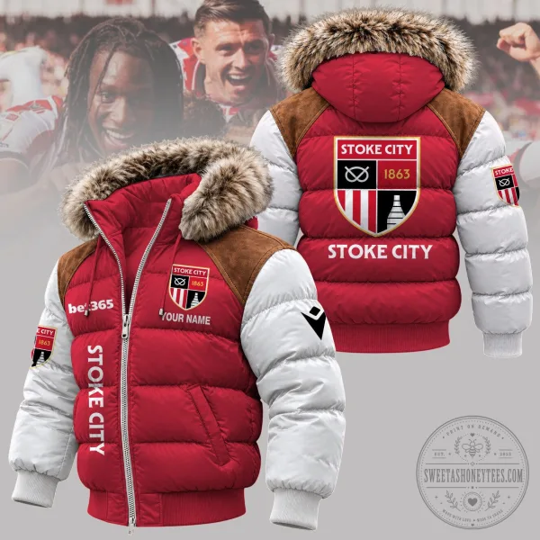 Stoke City Football Club Personalized Red and White Winter Puffer Jacket