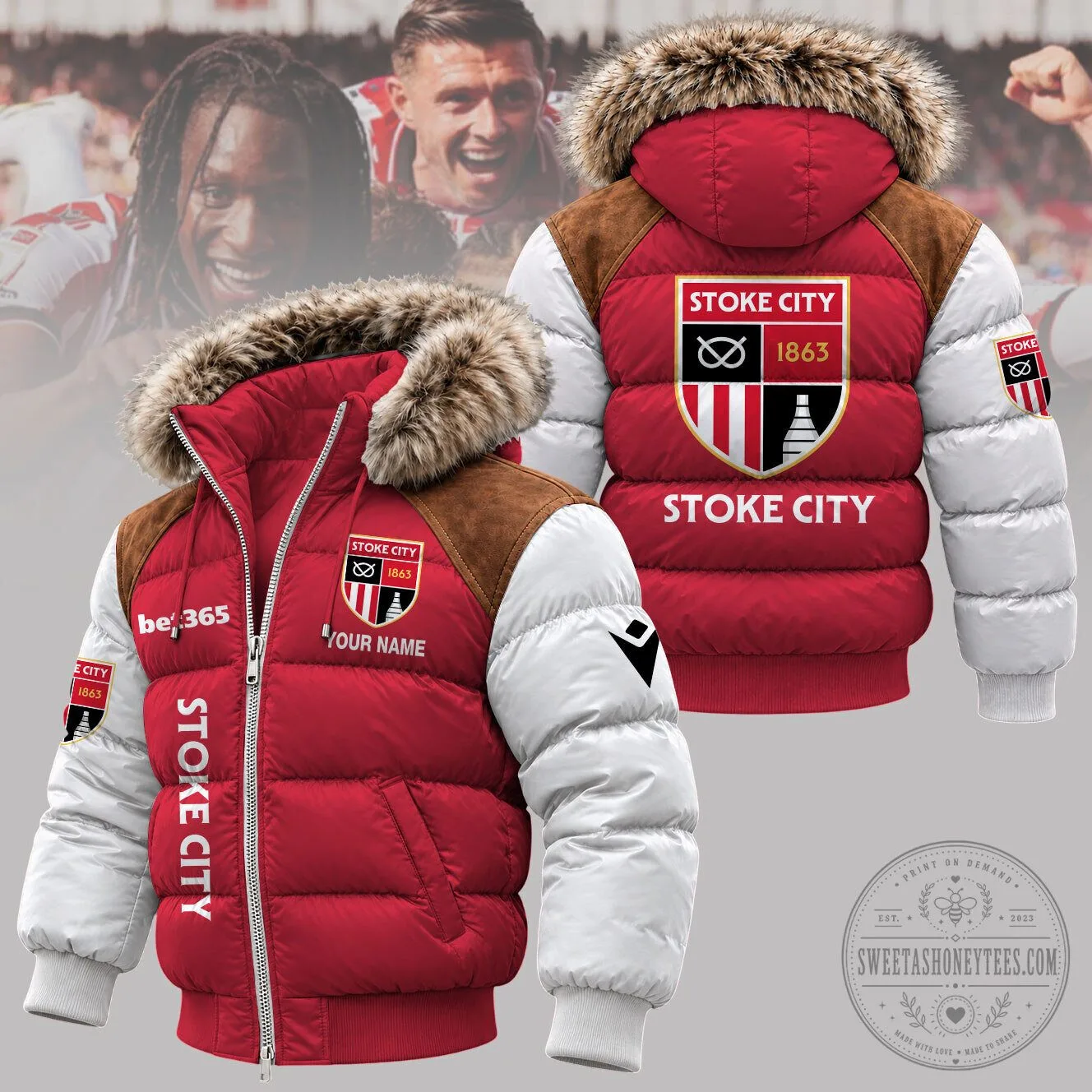 Stoke City Football Club Personalized Red and White Winter Puffer Jacket 1 Stoke City Football Club Personalized Red and White Winter Puffer Jacket