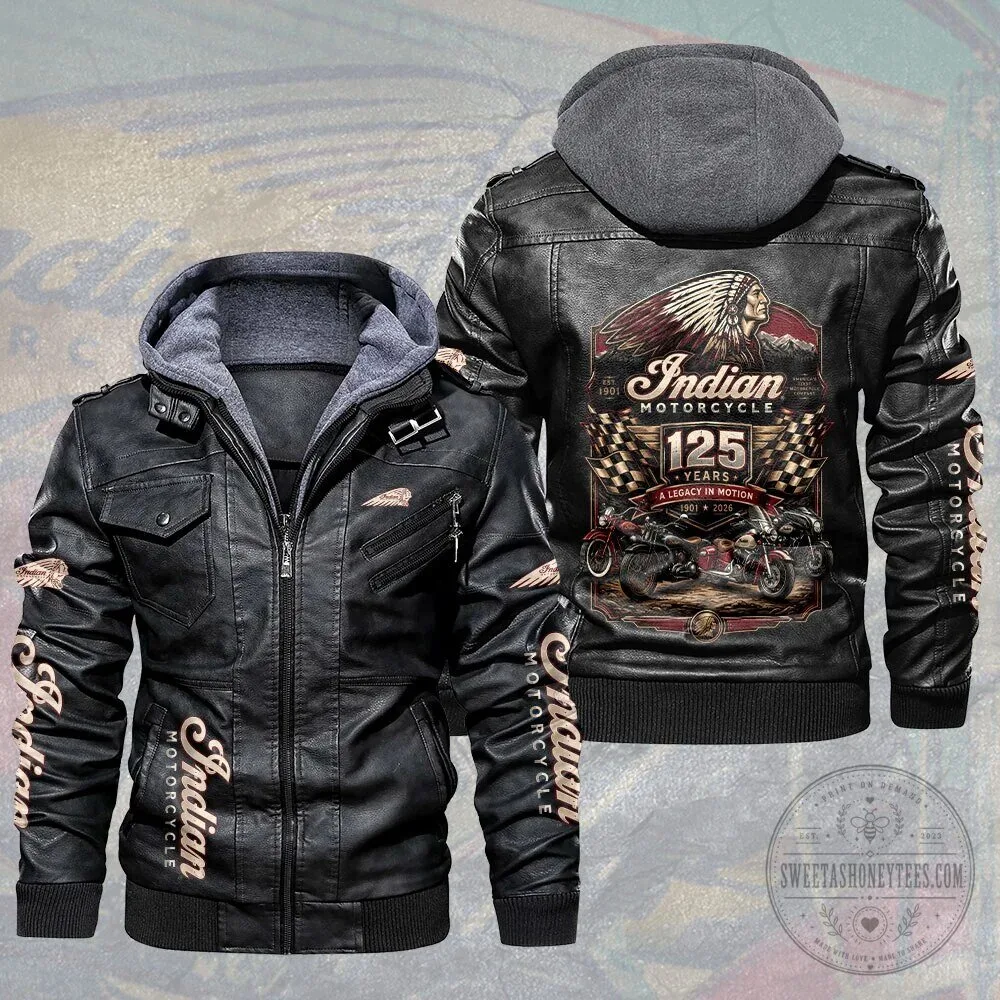 Indian Motorcycle 125th Anniversary Legacy in Motion Leather Hooded Jacket 1 Indian Motorcycle 125th Anniversary Legacy in Motion Leather Hooded Jacket