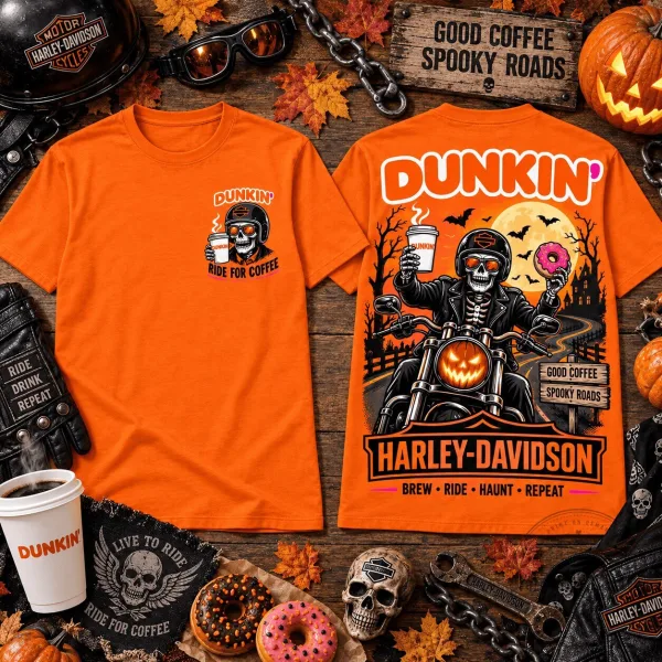 Dunkin' Donuts Harley-Davidson Coffee Biker Halloween Skeleton T-Shirt