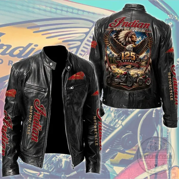Indian Motorcycle 125th Anniversary Eagle Design Black Leather Jacket