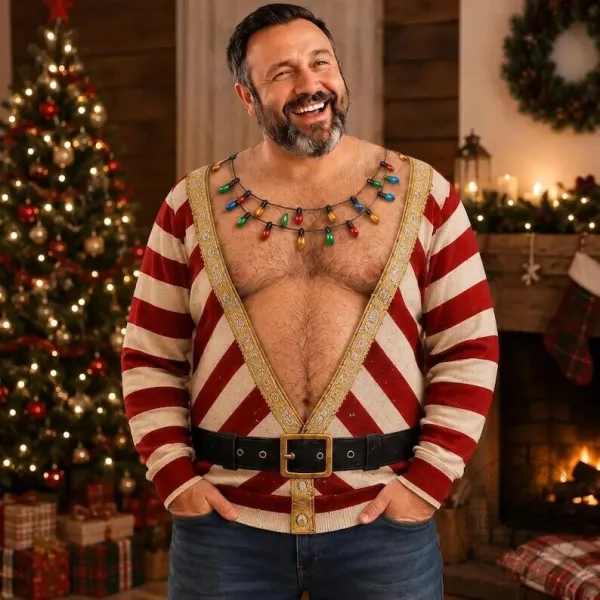 Ugly Christmas Sweater with Hairy Chest and Funny Lights for Holiday Cheer