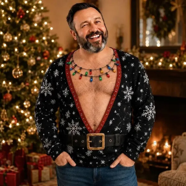 Ugly Christmas Sweater with Hairy Chest and Funny Lights for Holiday Cheer