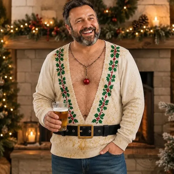 Ugly Christmas Sweater with Hairy Chest and Funny Lights for Holiday Cheer