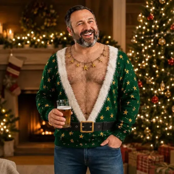 Ugly Christmas Sweater with Hairy Chest and Funny Lights for Holiday Cheer