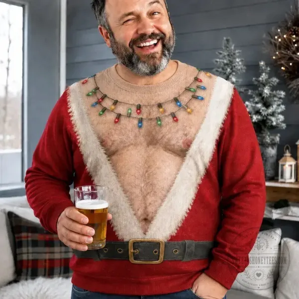 Ugly Christmas Sweater with Hairy Chest and Funny Lights for Holiday Cheer