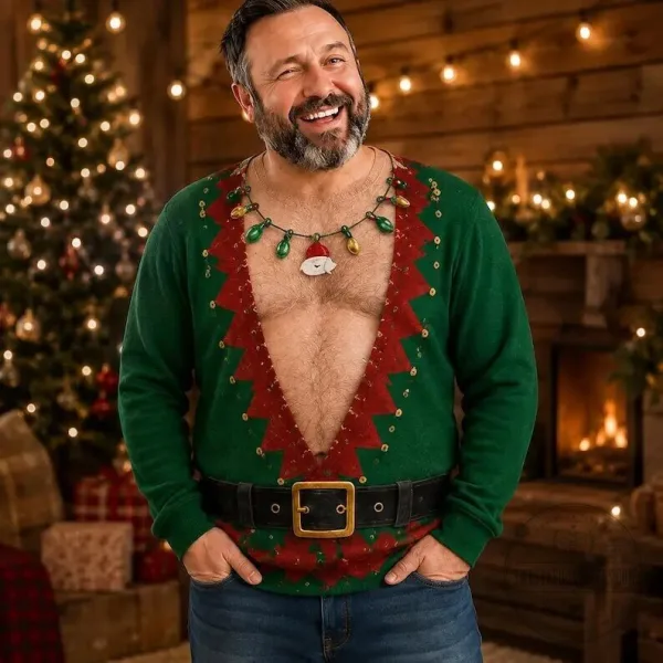 Ugly Christmas Sweater with Hairy Chest and Funny Lights for Holiday Cheer