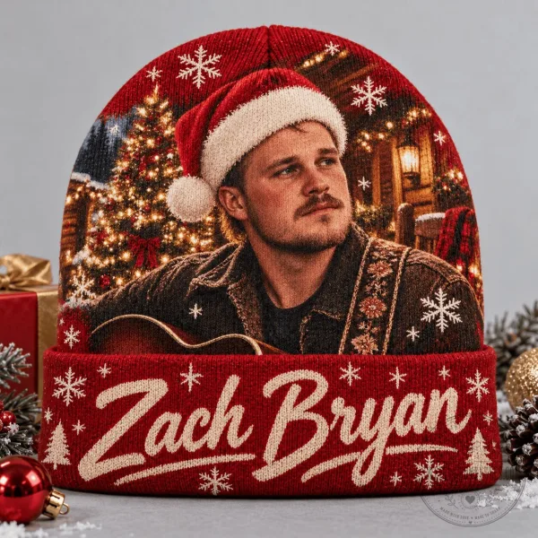 Zach Bryan Christmas Portrait Holiday Beanie Hat with Santa Claus Design