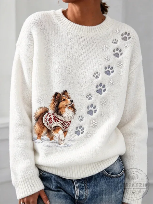 Cute Shetland Sheepdog Dog Paw Prints Snowflake Winter Crewneck Sweater