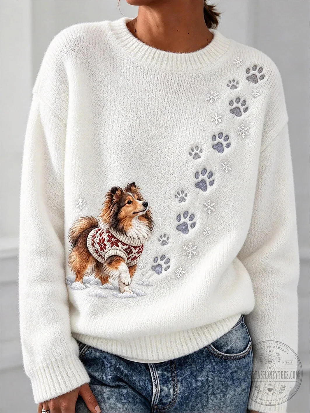Cute Shetland Sheepdog Dog Paw Prints Snowflake Winter Crewneck Sweater 1 Cute Shetland Sheepdog Dog Paw Prints Snowflake Winter Crewneck Sweater