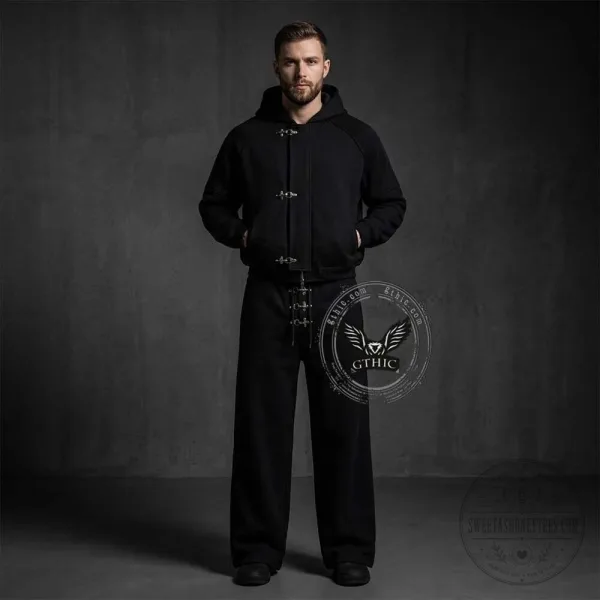 Gothic Black Solid Color Hooded Jacket with Clasp Design and Matching Pants Set