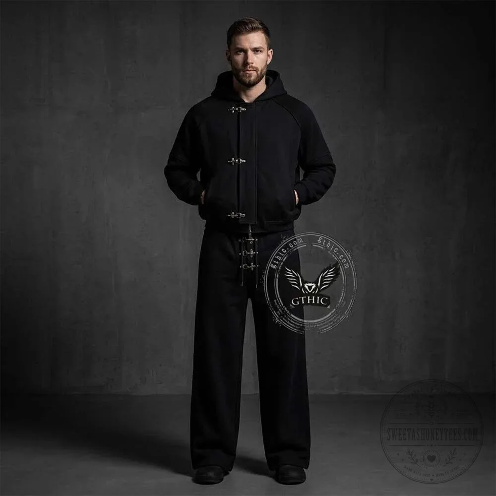 Gothic Black Solid Color Hooded Jacket with Clasp Design and Matching Pants Set 19 Gothic Black Solid Color Hooded Jacket with Clasp Design and Matching Pants Set