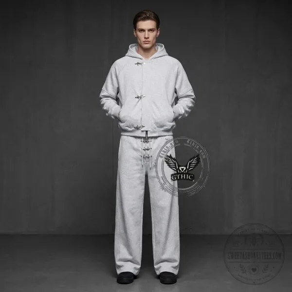 Gothic Black Solid Color Hooded Jacket with Clasp Design and Matching Pants Set 1 Gothic Black Solid Color Hooded Jacket with Clasp Design and Matching Pants Set