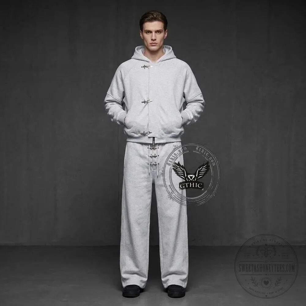 Gothic Black Solid Color Hooded Jacket with Clasp Design and Matching Pants Set 20 Gothic Black Solid Color Hooded Jacket with Clasp Design and Matching Pants Set