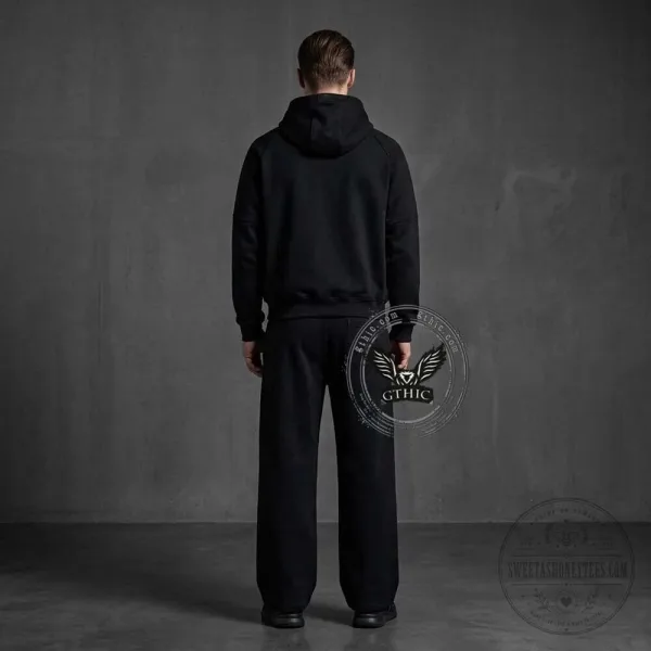 Gothic Black Solid Color Hooded Jacket with Clasp Design and Matching Pants Set 2 Gothic Black Solid Color Hooded Jacket with Clasp Design and Matching Pants Set