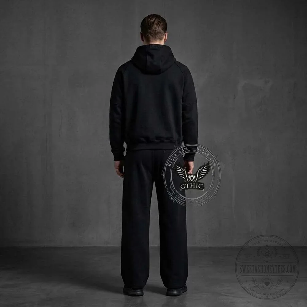 Gothic Black Solid Color Hooded Jacket with Clasp Design and Matching Pants Set 21 Gothic Black Solid Color Hooded Jacket with Clasp Design and Matching Pants Set