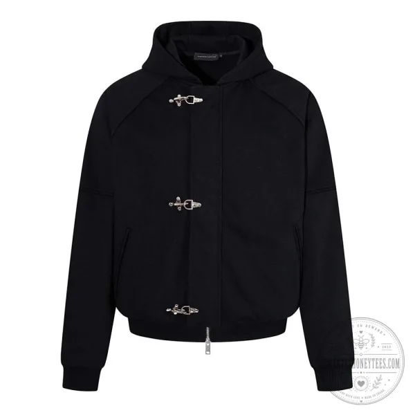 Gothic Black Solid Color Hooded Jacket with Clasp Design and Matching Pants Set 3 Gothic Black Solid Color Hooded Jacket with Clasp Design and Matching Pants Set
