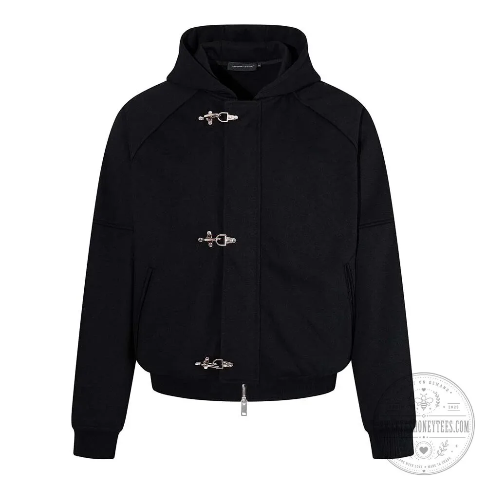 Gothic Black Solid Color Hooded Jacket with Clasp Design and Matching Pants Set 22 Gothic Black Solid Color Hooded Jacket with Clasp Design and Matching Pants Set