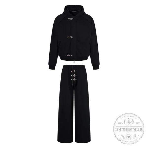 Gothic Black Solid Color Hooded Jacket with Clasp Design and Matching Pants Set 7 Gothic Black Solid Color Hooded Jacket with Clasp Design and Matching Pants Set