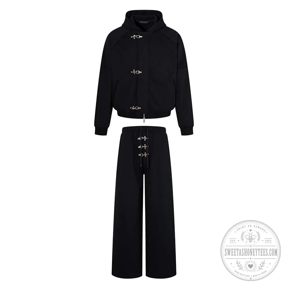 Gothic Black Solid Color Hooded Jacket with Clasp Design and Matching Pants Set 26 Gothic Black Solid Color Hooded Jacket with Clasp Design and Matching Pants Set