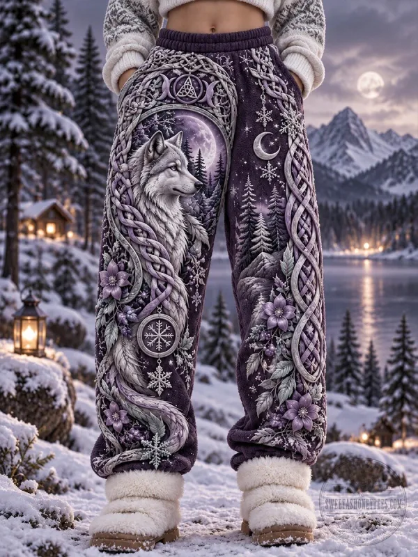 Nordic Winter Wolf Celtic Knot Moon Snow Forest Women's Casual Pants