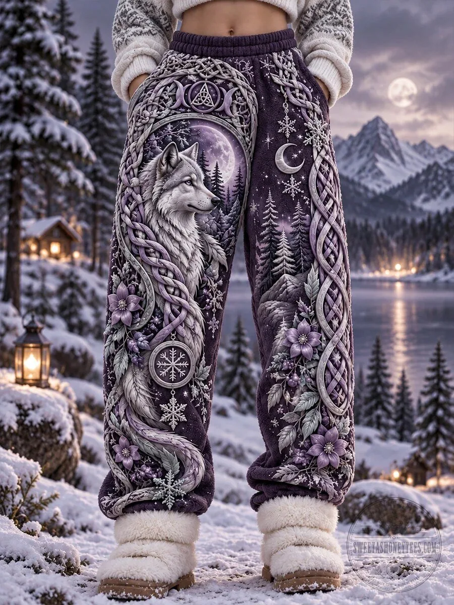 Nordic Winter Wolf Celtic Knot Moon Snow Forest Women's Casual Pants 1 Nordic Winter Wolf Celtic Knot Moon Snow Forest Women