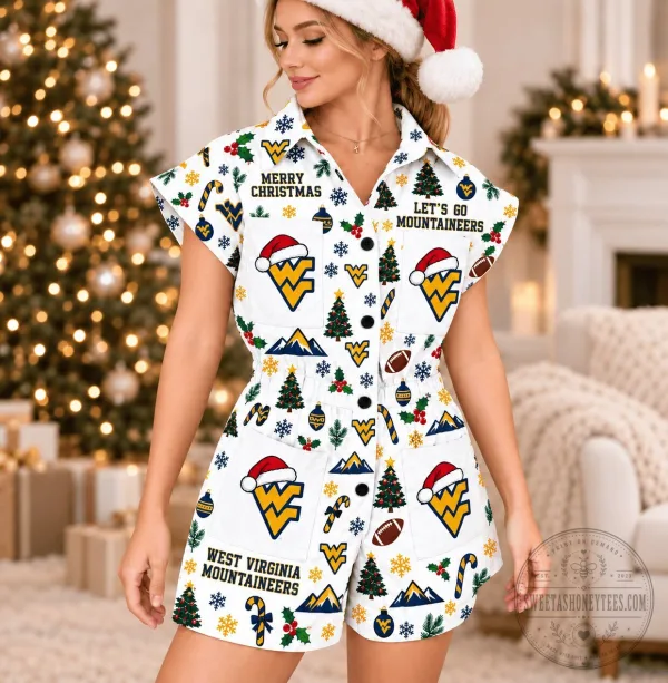West Virginia Mountaineers Christmas Pattern Women's Button-Up Romper