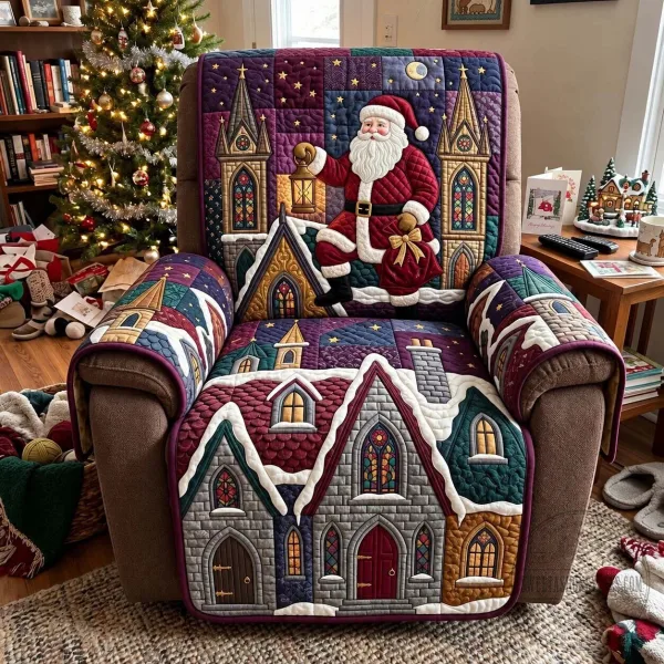 Christmas Santa Claus Cathedral Night Quilted Recliner Sofa Chair Cover Protector
