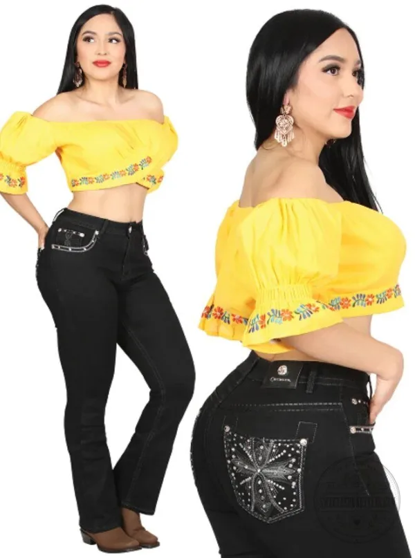 Women's Bootcut Jeans with Embroidered Pockets Black Denim Pants