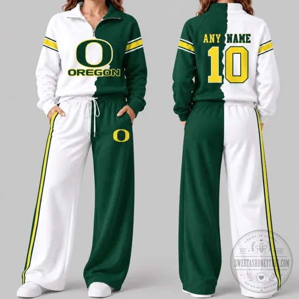 Oregon Ducks NCAA Split Color Quarter Zip Sweatshirt and Wide Leg Pants Set